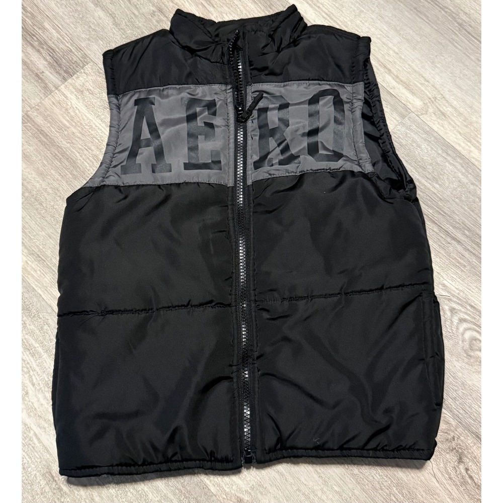 AERO Kids Puffer Vest Black Gray Logo Full Zip Sleeveless‎ Jacket Size 7